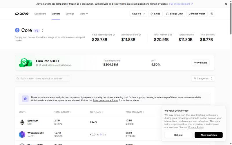 The Aave V4 markets page, browse all available assets and their curre