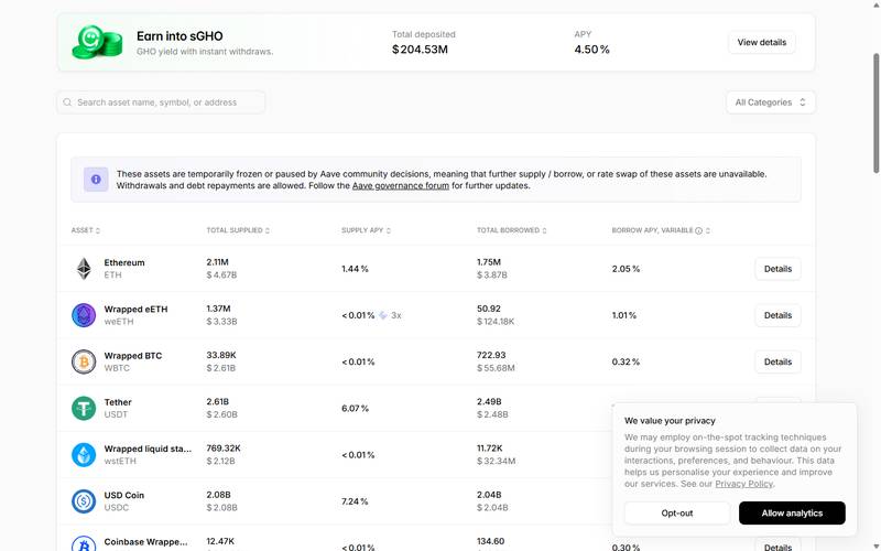 Click the Supply column to sort by yield, select the asset you want t