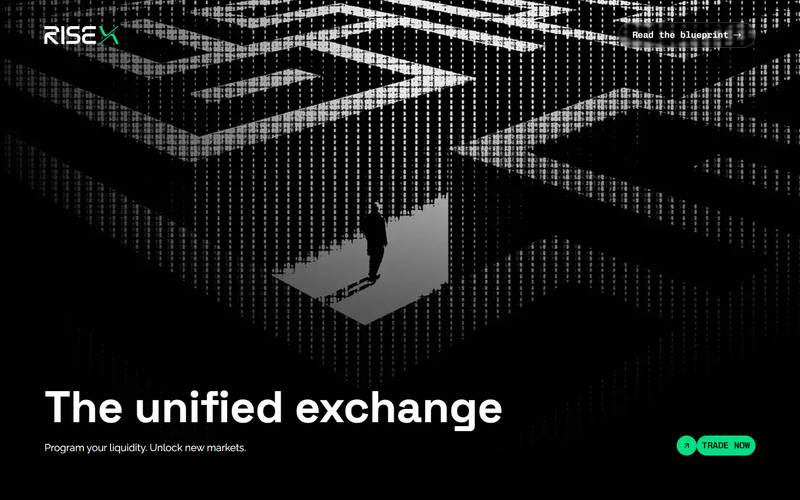 The RISEx homepage at rise.trade, click Trade Now to enter the perp D